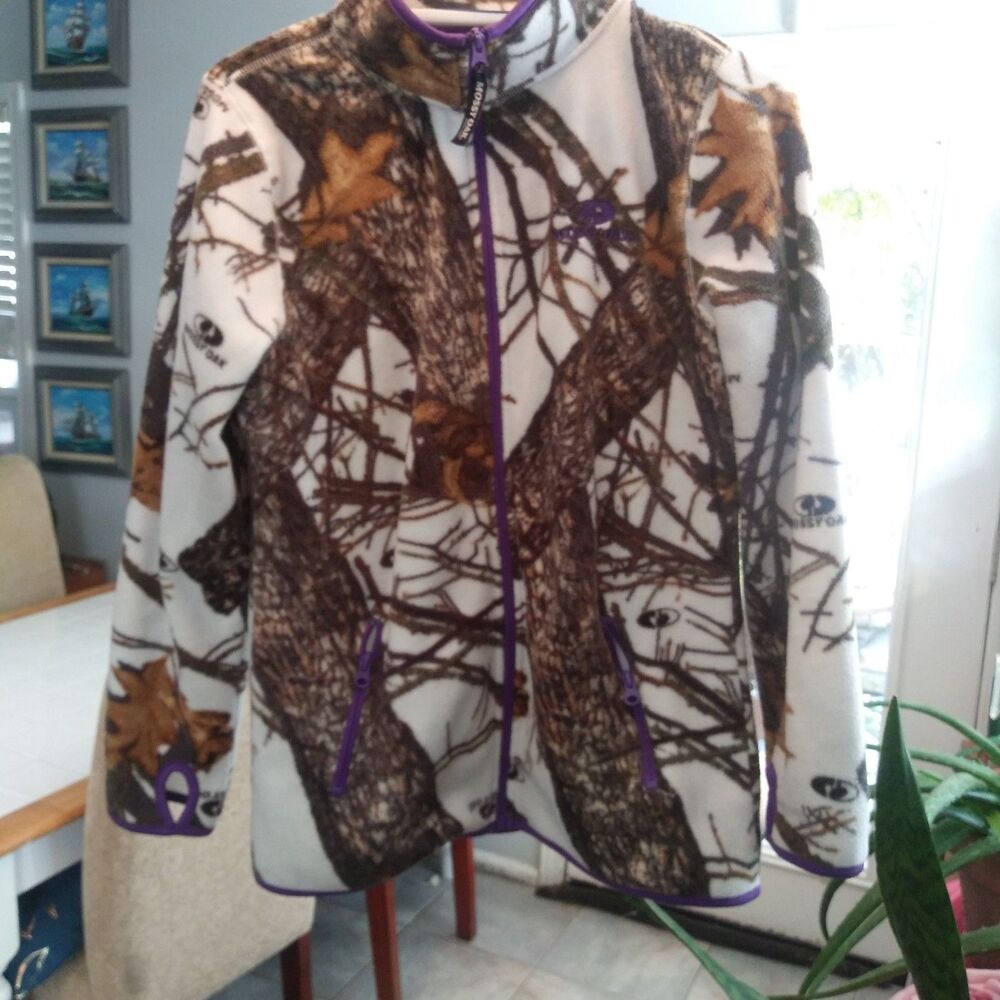 Mossy Oak fall foliage fleece jacket Small white & purple full zip mock neck